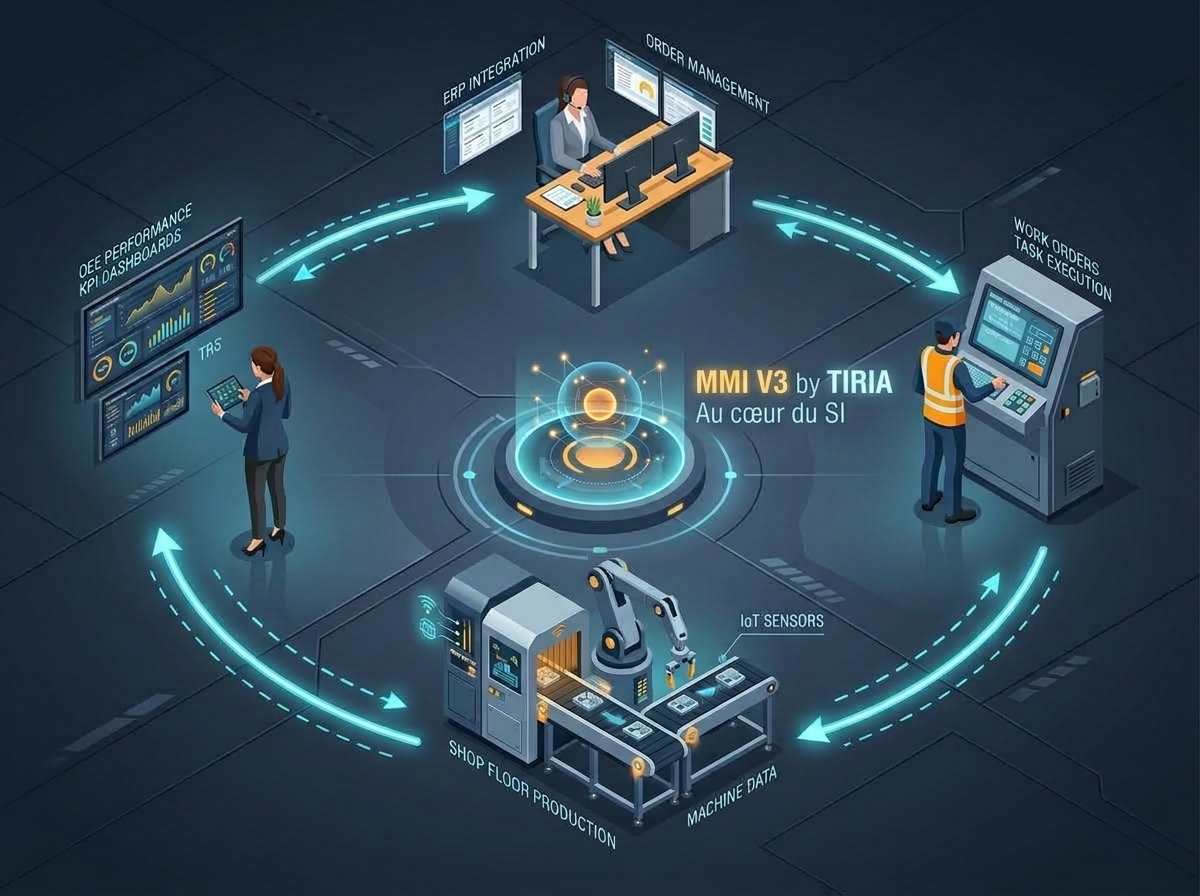 Schéma d'un logiciel MES en boucle fermée : ERP, opérateur atelier, automates machines et cockpit TRS