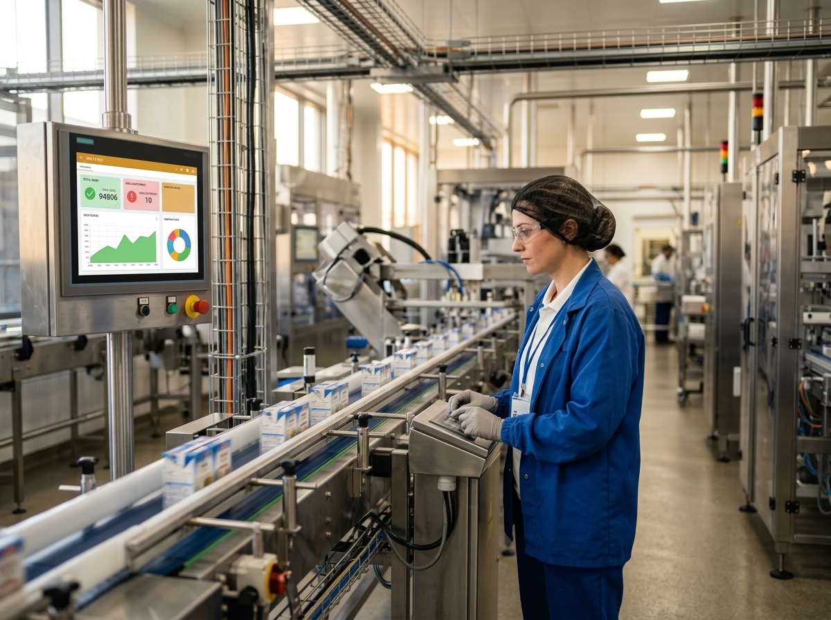 Opérateur sur ligne de production industrielle moderne avec terminal tactile MES MMI V3